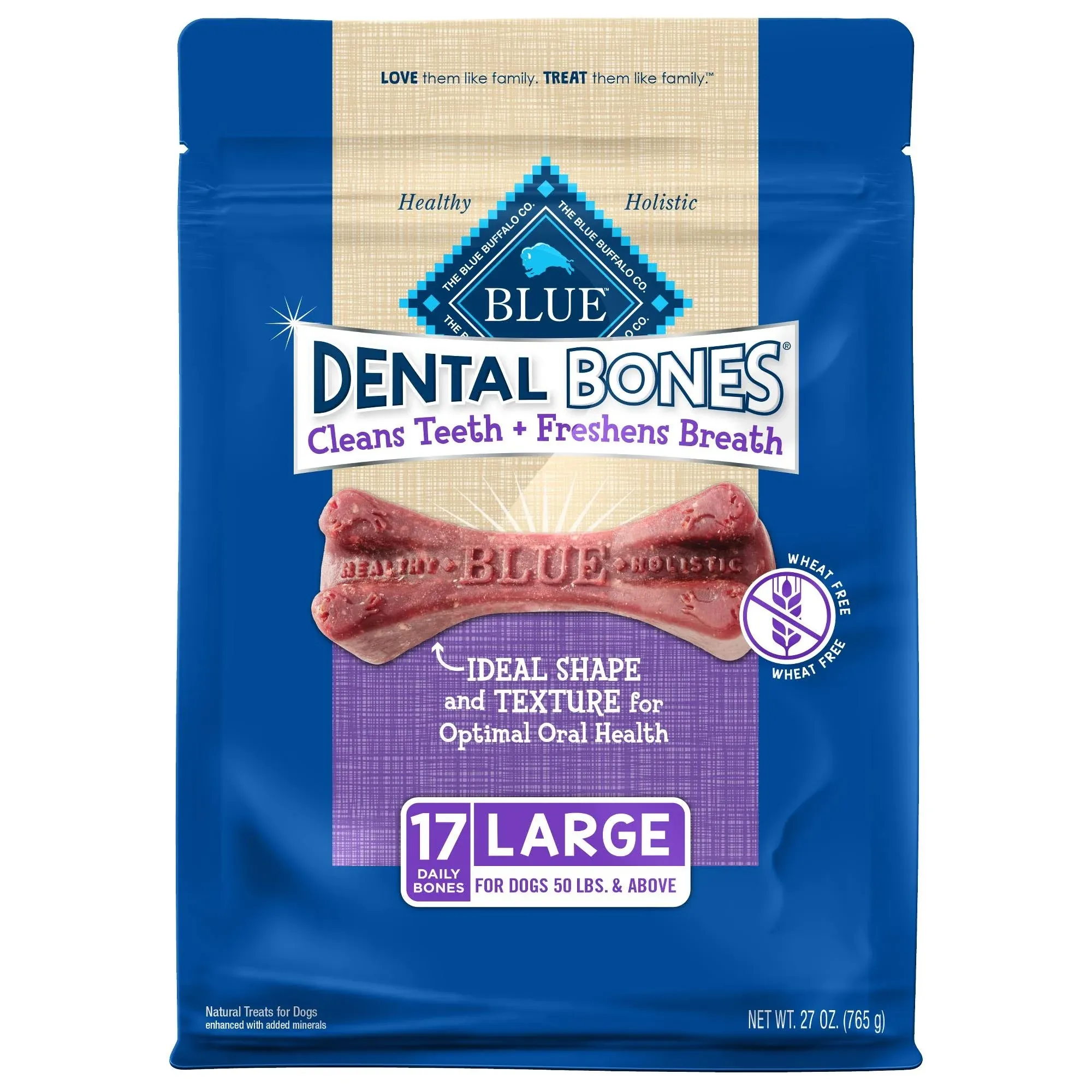 Blue Buffalo Blue Dental Bones Treats for Dogs, Large - 17 treats, 27 oz