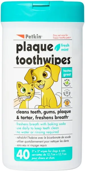 Petkin Plaque Toothwipes Fresh Mint Flavor Dog & Cat Dental Wipes, 40 count