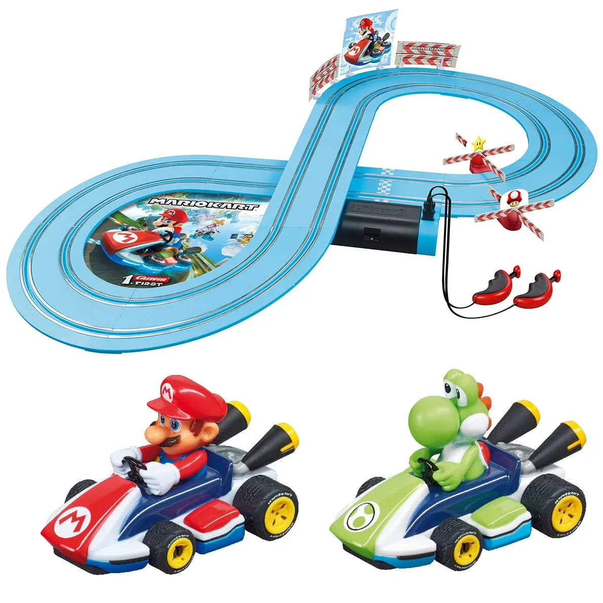 Carrera First Mario Kart - Slot Car Race Track with Spinners - Includes 2 Cars: Mario and Yoshi - Battery-Powered Beginner Racing Set for Kids Ages 3 Years and Up