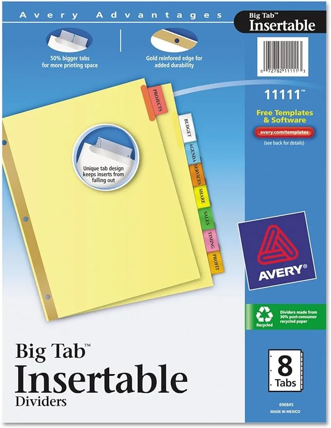 Avery 8-Tab Binder Dividers, Insertable Multicolor Big Tabs, 48 Sets (11111)