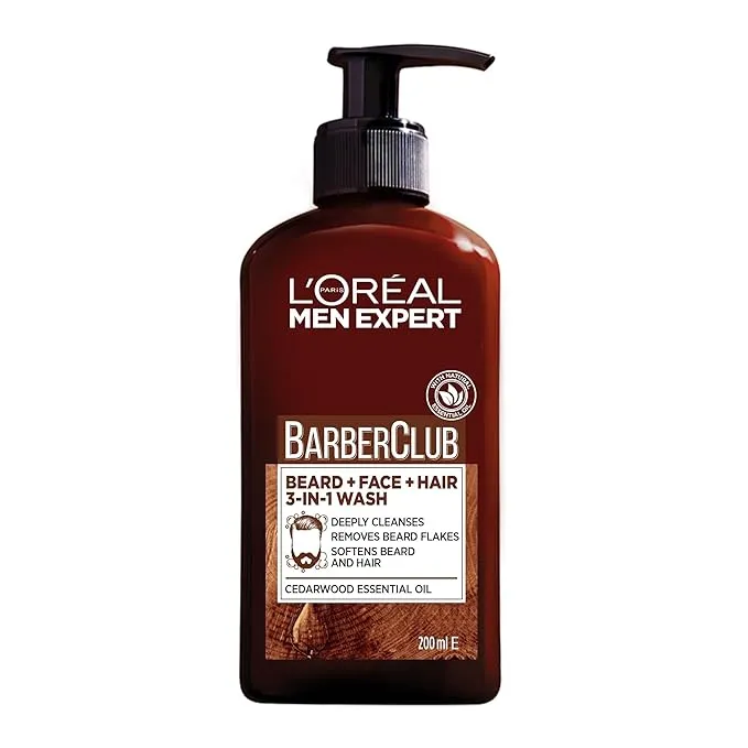 L’Oréal Paris Men Expert Cleansing 3-in-1 Beard, Face & Hair Wash 200ml, Barber Club Wash With Cedarwood Essential Oil, Deeply Cleanses and Removes Beard Flakes