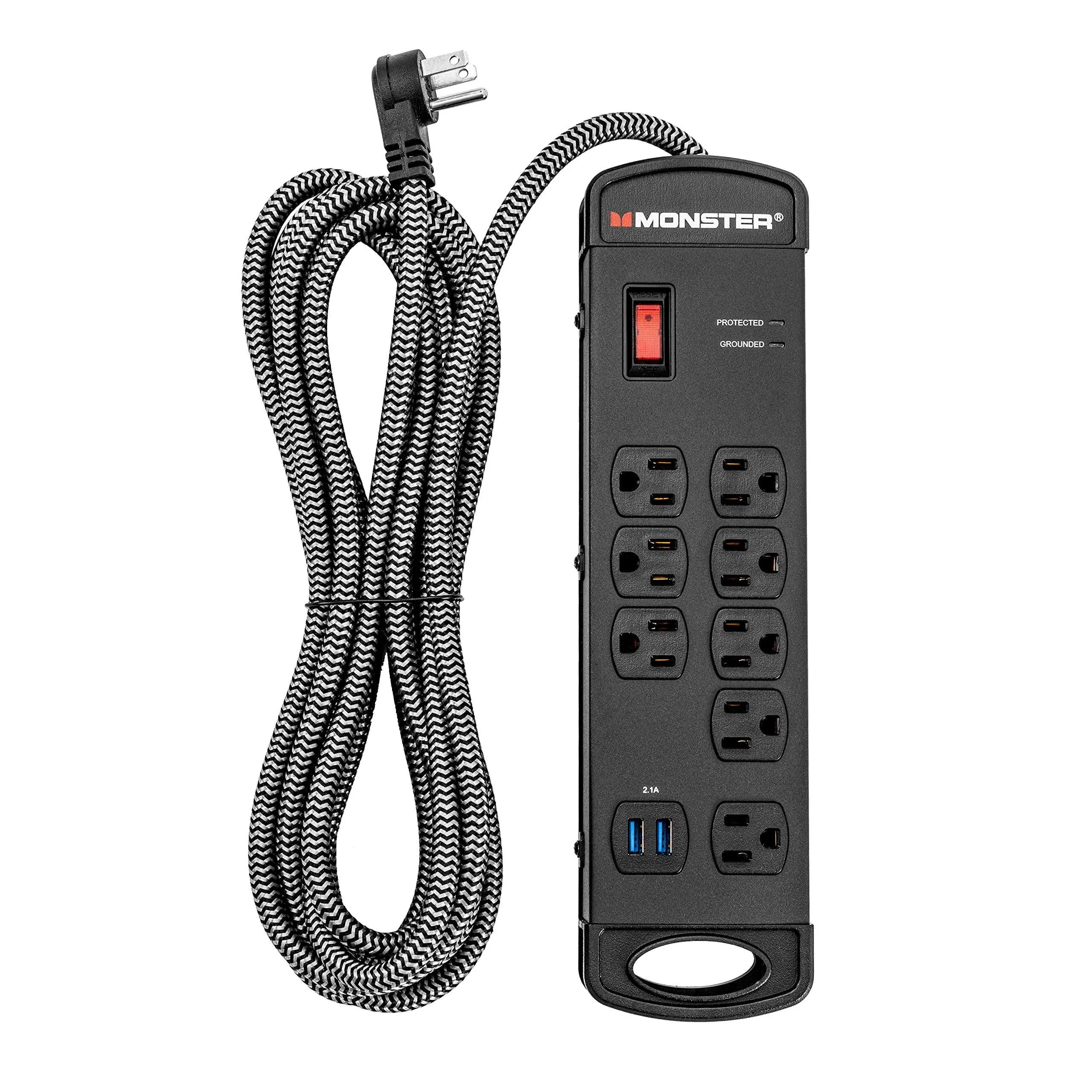 Monster Protetor contra sobretensão profissional Pro MI com tecnologia MOV à prova de fogo para computadores, amplificadores, placas de pedal e equipamento de áudio profissional – 1960 Joule, cabo de 4,5 m, 8 tomadas, 2 USB