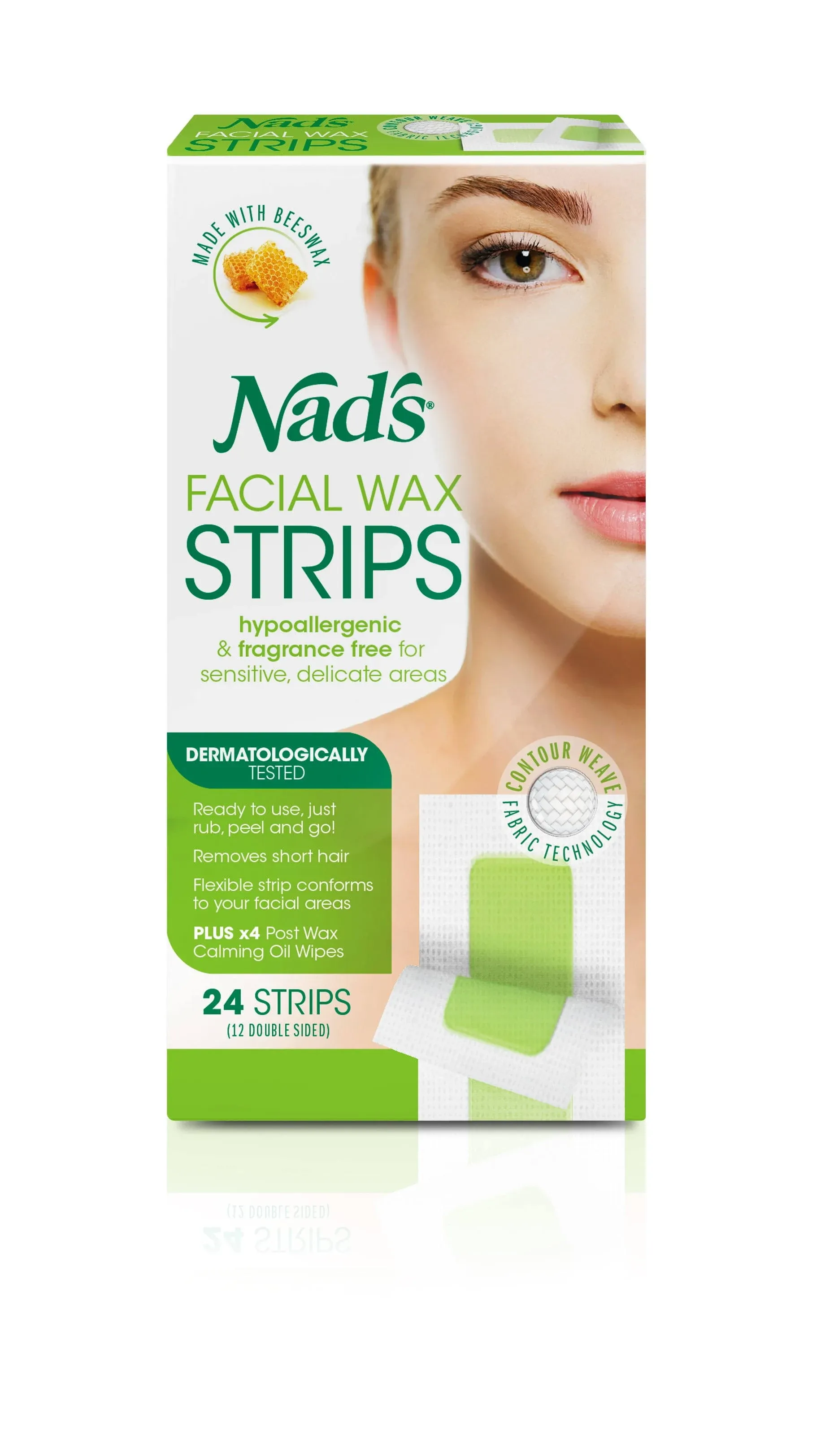 Nad's Facial Wax Strips - Facial Hair Removal for Women - Waxing Kit With 48 Face Wax Strips + 8 Calming Oil Wipes + Skin Protection Powder