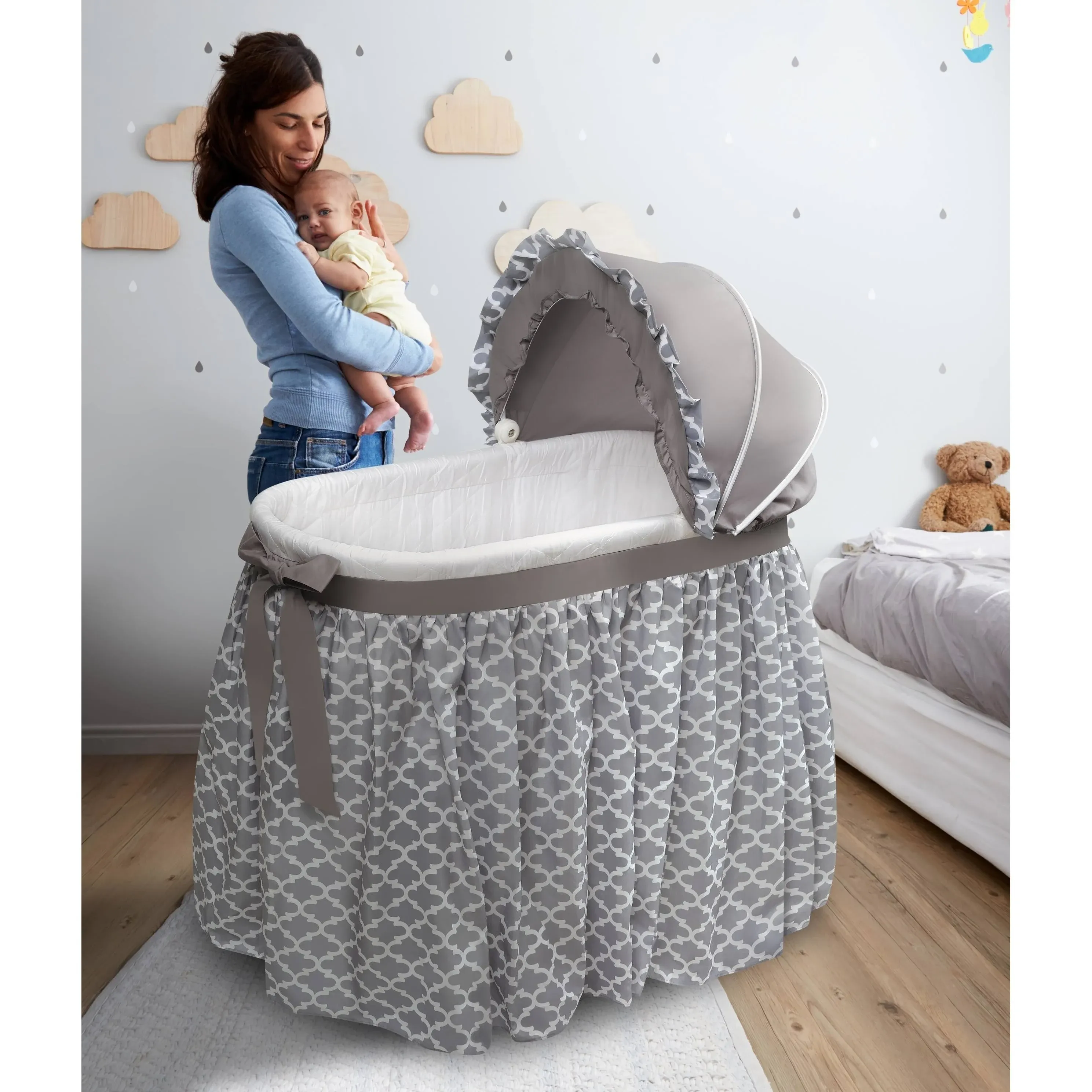 Badger Basket Wishes Rocking Baby Bassinet and Bedside Sleeper with Bedding, Pad, and Storage Basket - Gray/Lantern