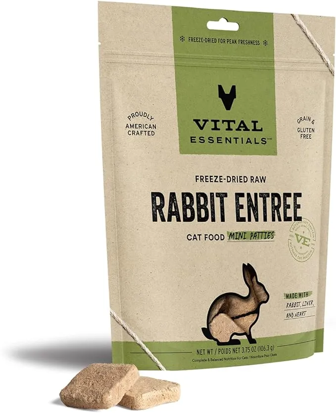 Vital Essentials Rabbit Entree Cat Food Mini Patties Grain-Free Freeze-Dried Raw Cat Food, 3.75-oz bag