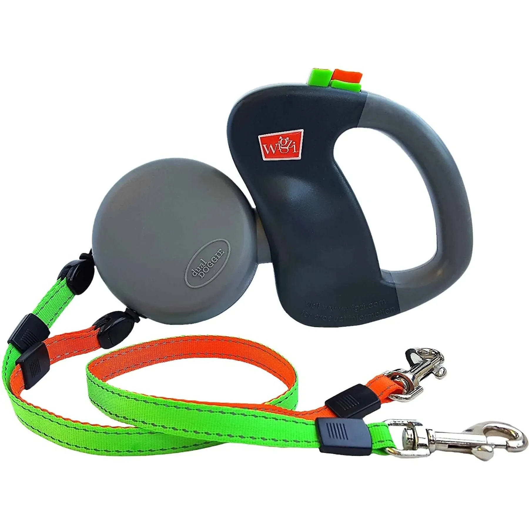 WIGZI (2 Two Dog Reflective Retractable Pet Leash – 360 Degree Zero Tangle Patent - Two Dogs Each up to 50 lbs and 10ft. Reflective Orange and Green Leads. Dual Locking, Small, Gray 