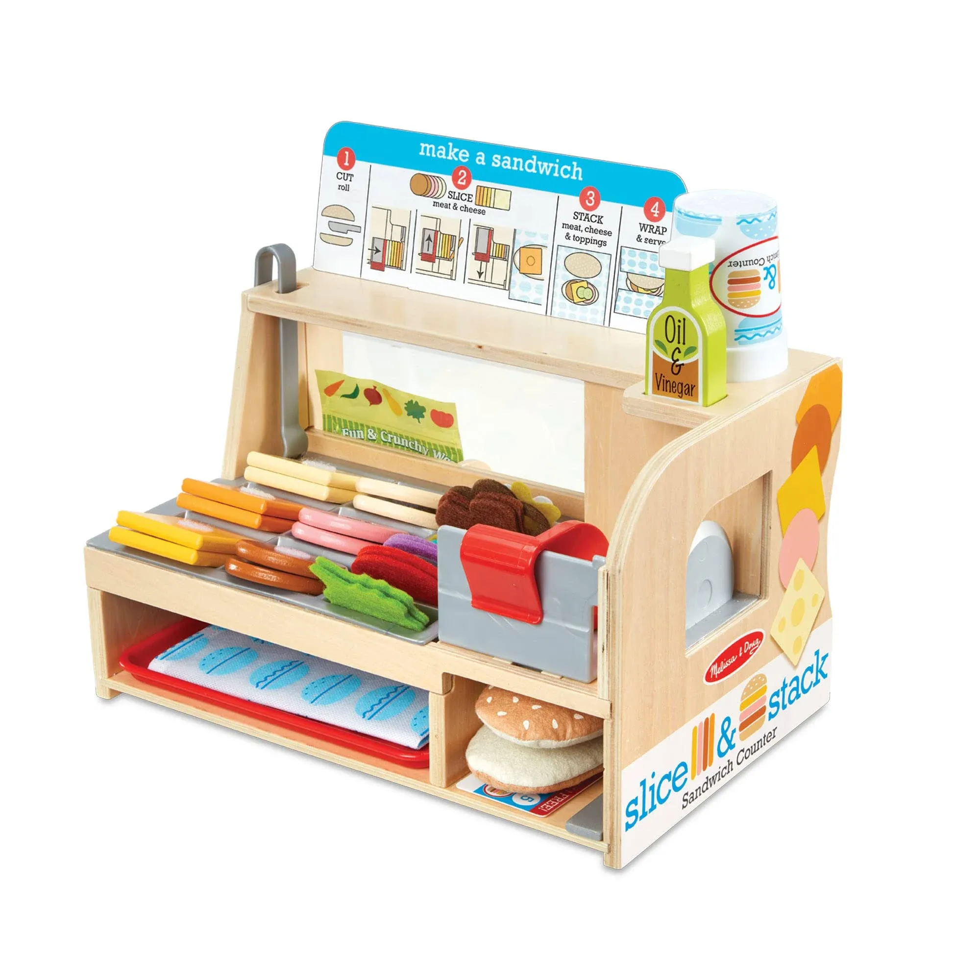 Melissa & Doug Wooden Slice & Stack Sandwich Counter with Deli Slicer-- 56-Piece Pretend Play Food Pieces