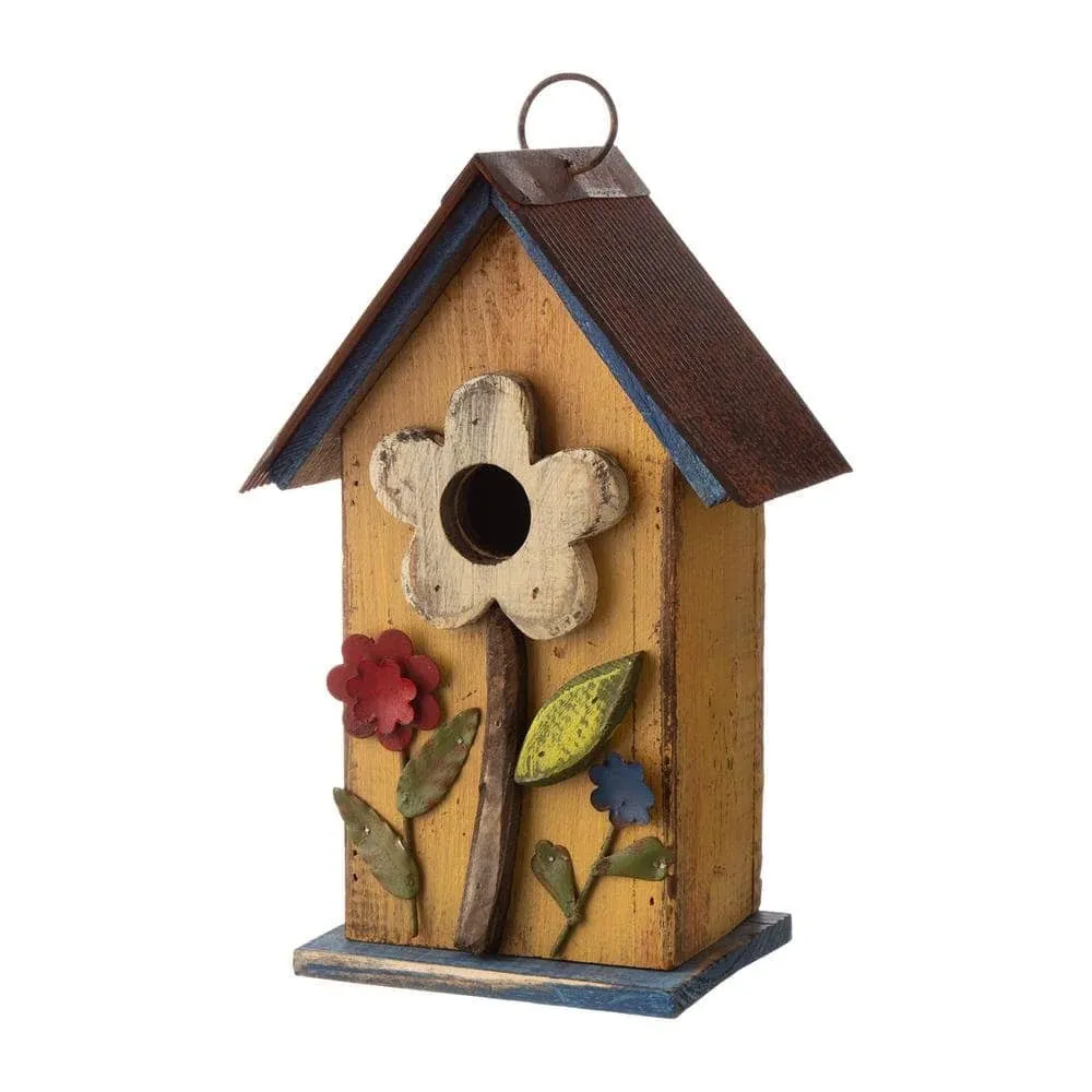 10.25 in. H Distressed Solid Wood Birdhouse with Flower