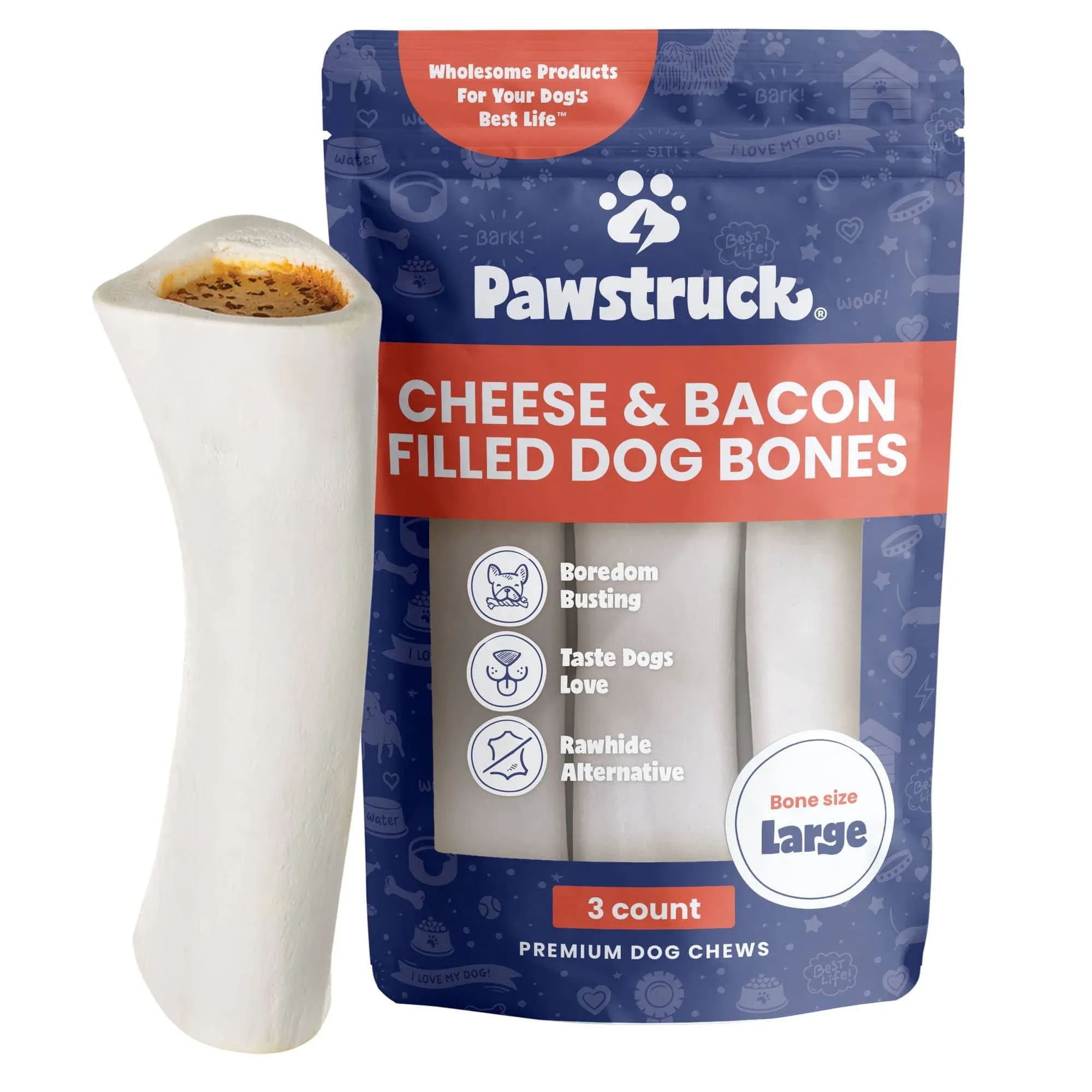 Pawstruck Large 5-6" Filled Dog Bones, Cheese & Bacon Flavor - Made in USA Long Lasting Stuffed Femur for Aggressive Chewers Dental Treat - Pack of 3 - Packaging May Vary