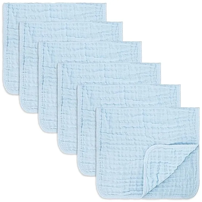 Comfy Cubs Muslin Burp Cloths Large 100% Cotton Hand Washcloths for Babies, Baby Essentials 6 Layers Extra Absorbent and Soft Boys & Girls Baby Rags for Newborn Registry (Sky Blue, 6-Pack 20"X10")Comfy Cubs Muslin Burp Cloths Large 100% Cotton Hand Washc