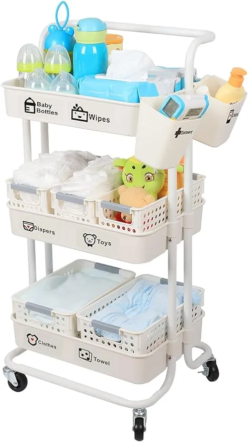 JOLEAD Baby Diaper Caddy Organizer Cart Movable, 3-Tier Sturdy Newborn Nursery Essentials Storage Cart for Changing Tables, with Mesh Baskets Hanging Cups and Sticker, Easy to Assemble