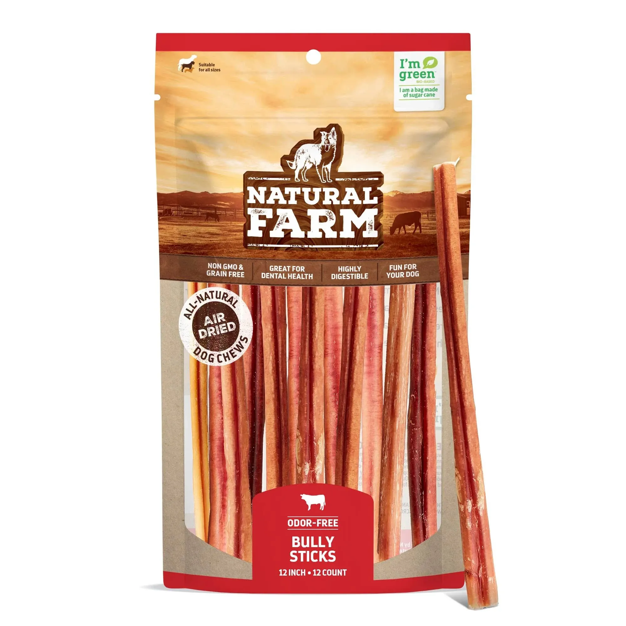 Natural Farm Odor-Free Standard Bully Sticks 12", 12 Pack