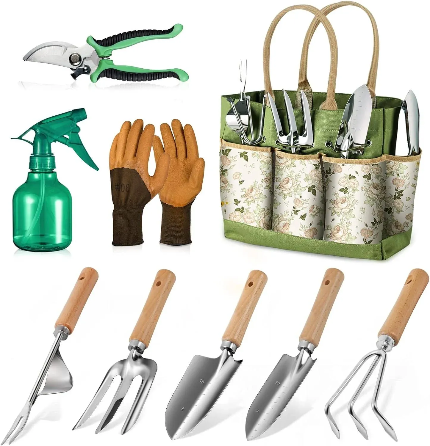 Gardening Tools 9-Piece Heavy Duty Gardening Hand Tools with Fashion and Durable Garden Tools Organizer Handbag,Rust-Proof Garden Tool Set, Ideal Gardening Gifts for Women