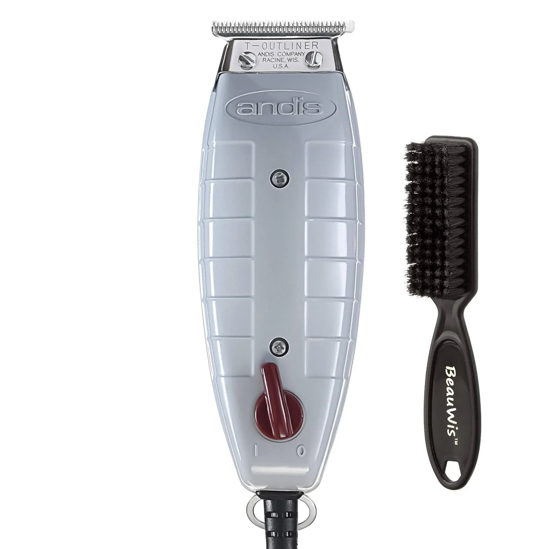 Andis T-Outliner Trimmer with T-Blade (Glossy Gray) with a BeauWis Blade Brush