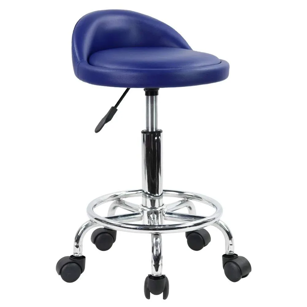 KKTONER PU Leather Round Rolling Stool with Foot Rest Height Adjustable Swivel Drafting Work Spa Task Chair with Wheels (Blue)