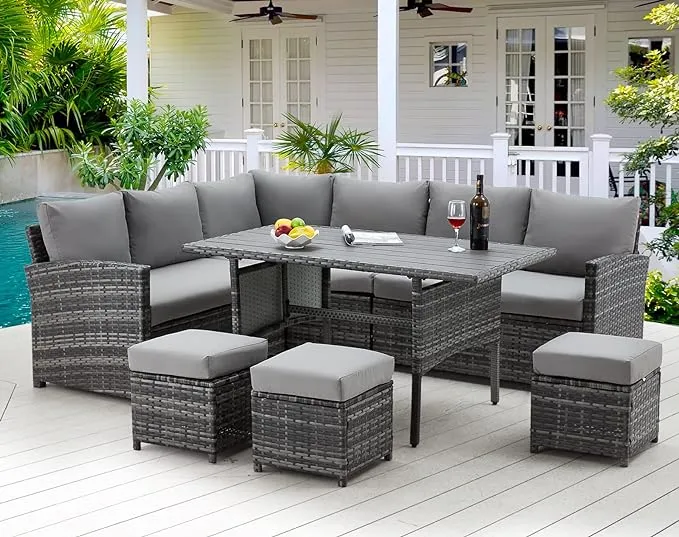 Aecojoy Patio Furniture Set 7 Pieces Outdoor Patio Furniture with Dining Table&Chair All Weather Wicker Conversation Set with Ottoman Grey