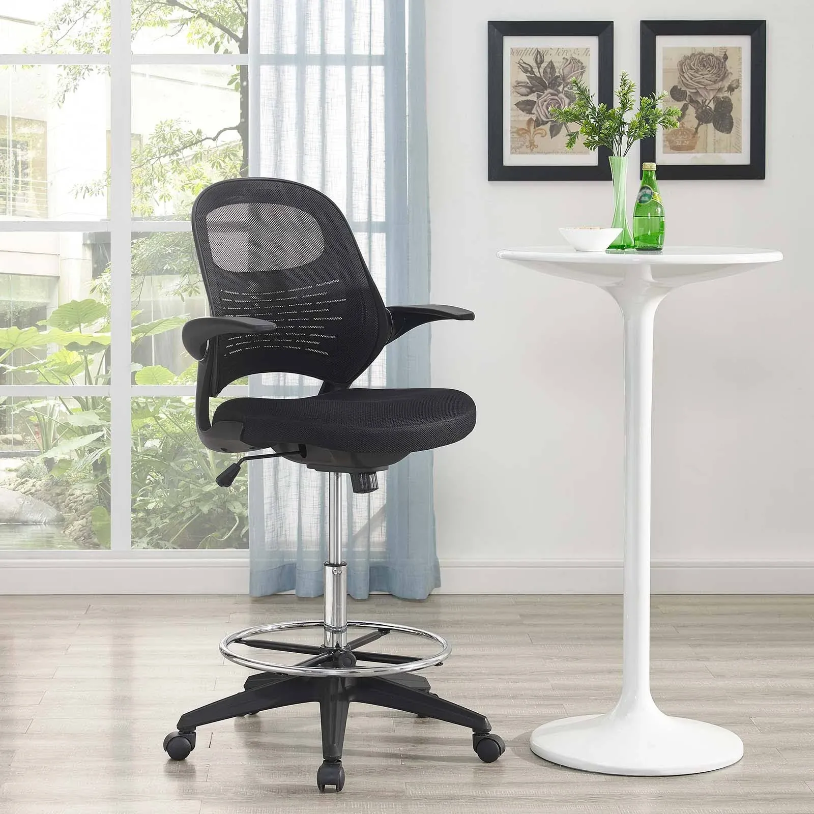 Stealth Advance Drafting Chair - Ergonomic Mesh Stool with 90-Degree Armrests &amp; Chrome Footring