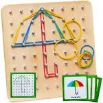 Panda Brothers Wooden Geoboard - Montessori Toys for 3 4 5 Year Old Kids and Toddlers, Educational Toy with 30 Pattern Cards and 40 Rubber Bands to Create Figures, Brain Teaser STEM Toy Geo Board