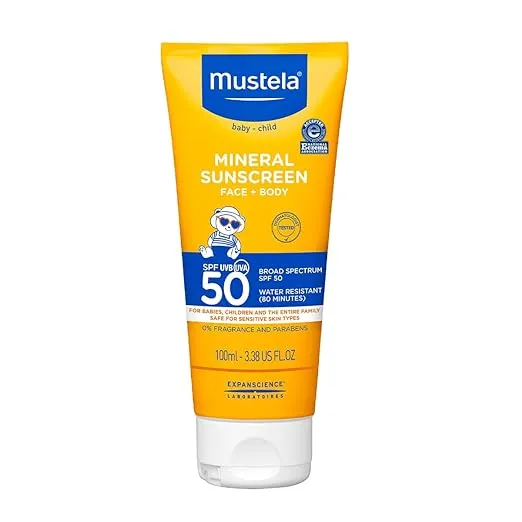 Mustela Baby Mineral Sunscreen Lotion SPF 50 Broad Spectrum - Face & Body Sun Lotion for Sensitive Skin - Water Resistant & Fragrance Free - Regular & Family Size