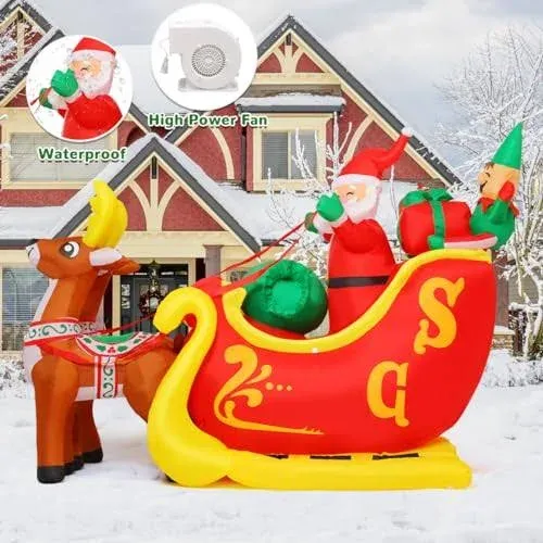 GOOSH 7 FT Christmas Inflatables Santa Claus in Sleigh with Two Reindeer Outdoor Decorations Blow Up Yard Santa Claus with Built-in LEDs for Indoor Christmas Holiday Party Garden Lawn Decor