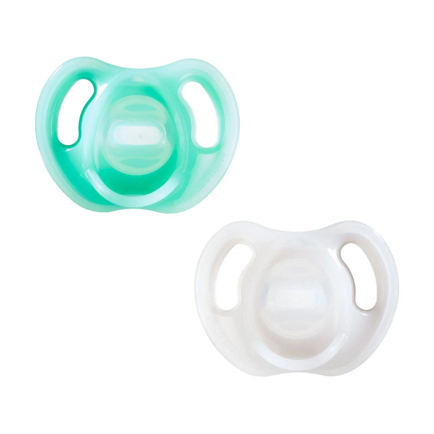 2 Tommee Tippee Ultra Light BPA-Free Silicone GREEN &amp; Clear 0-6m Pacifier Paci 