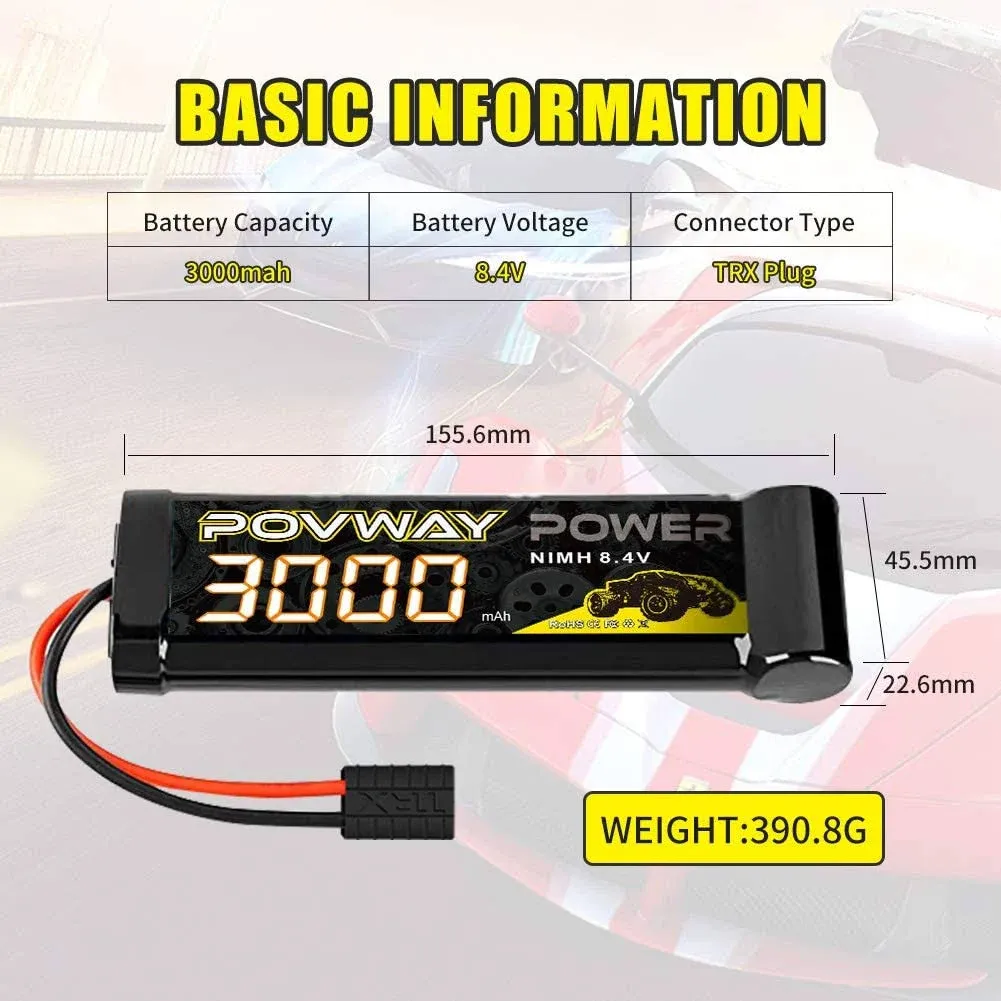 POVWAY 8.4V 3000mAh RC NiMH Battery with TR Plug for RC Car Losi Associated HPI ...