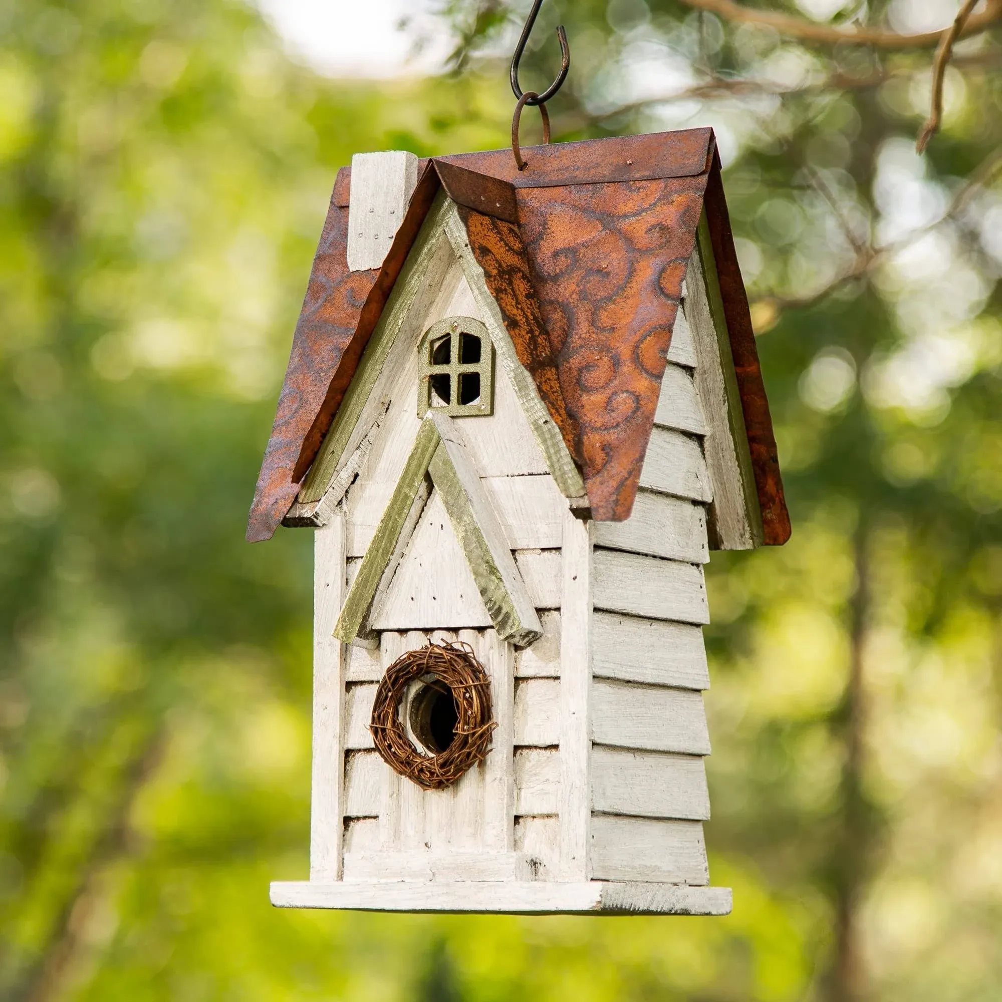  GH90086 Hanging Distressed Wooden Garden Cottage Birdhouse White