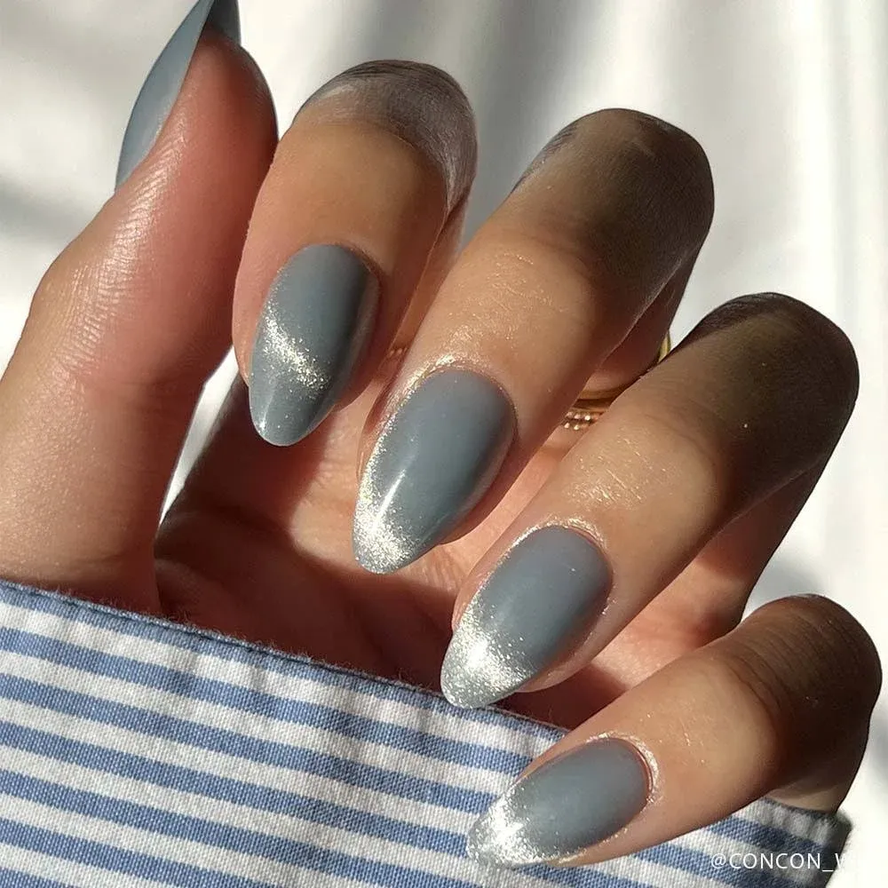 Glamnetic Press On Nails Baby Blues Short Almond Velvet Metallic Finish