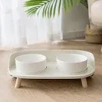 HANAMYA Double Bowl Ceramic Bowl Feeder Set, White