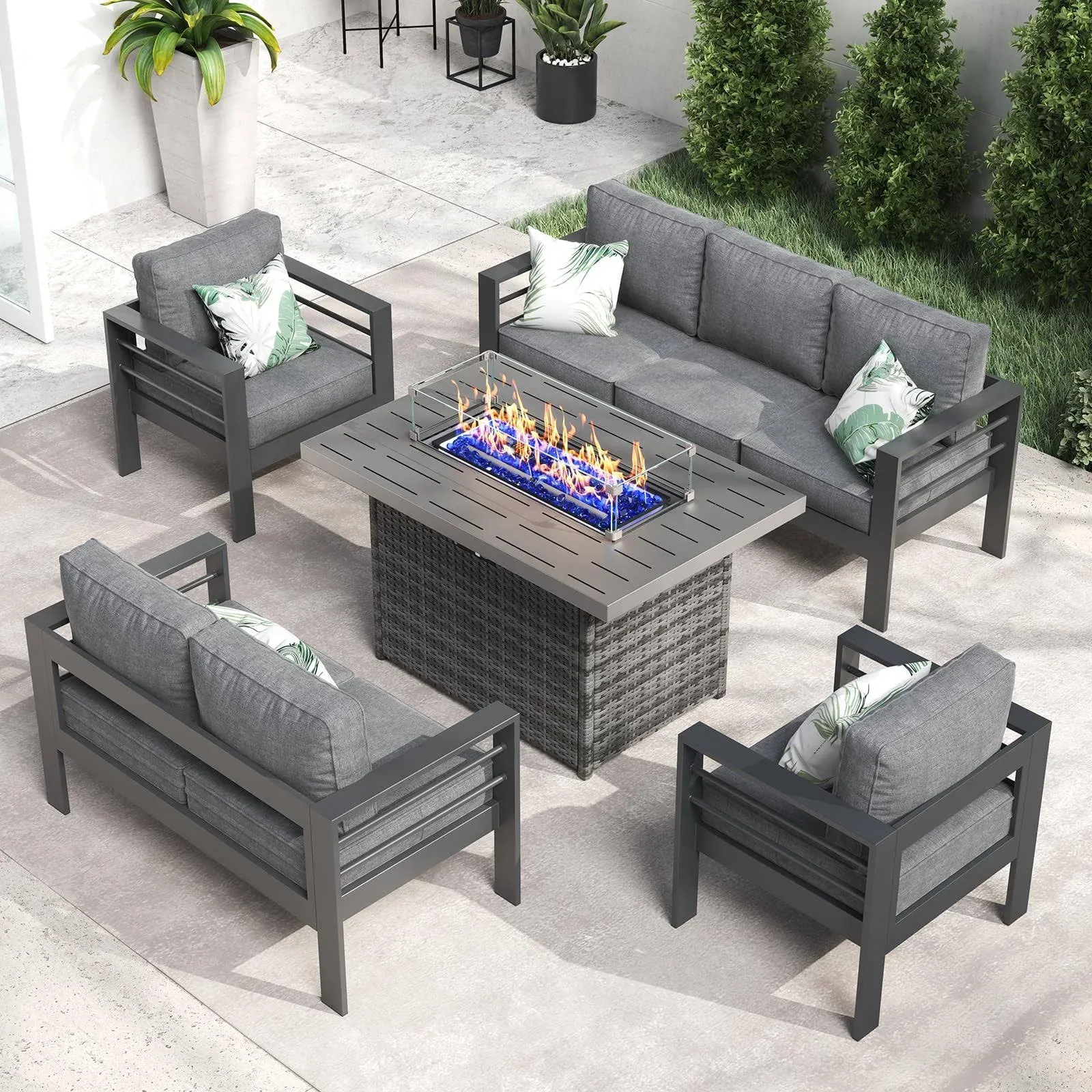 LayinSun Aluminum Furniture Set with Fire Pit Table, 5 Pieces Patio Sectional ...