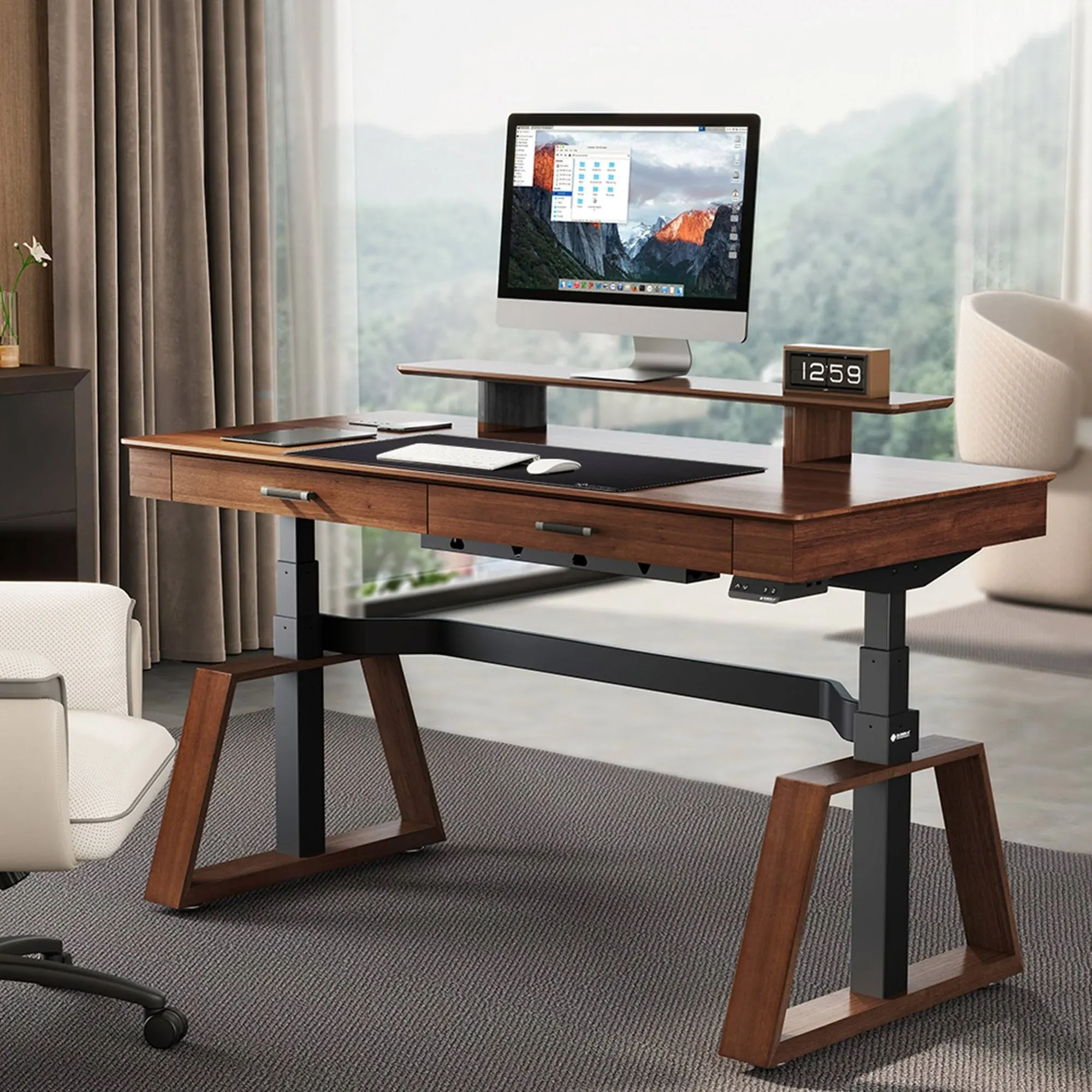 EUREKA ERGONOMIC Ark Standing Desk, 63 inch Executive Desk with Drawers Modern Trapezoidal Leg Sit Stand Desk with Monitor Stand, Smart APP Control Luxury Home Office Computer Desk, Walnut