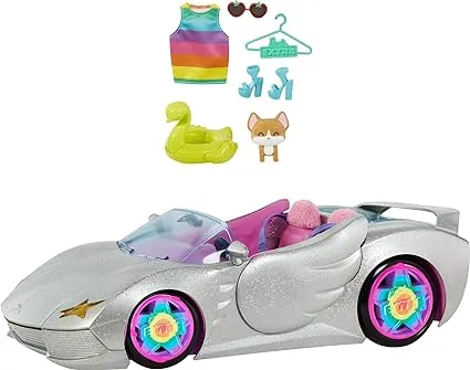 Barbie Extra Toy Car with Fashion Accessories & Puppy, Sparkly Silver 2-Seater Convertible with Hood Storage & Pet Pool