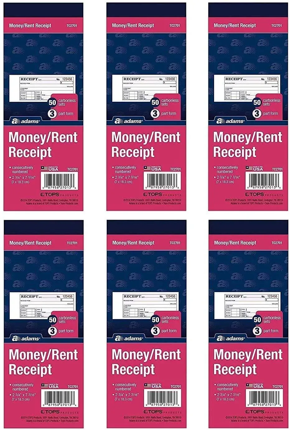 Adams Money/Rent Receipt Book Carbonless 3-Part 2-3/4 x 7-3/16 Inches 50 Sets per ...