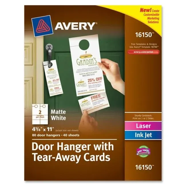 Door Hanger with Tear-Away Cards, 97 Bright, 65 lb Cover Weight, 4.25 x 11, White, 2 Hangers/Sheet, 40 Sheets/Pack