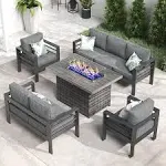 LayinSun Aluminum Furniture Set with Fire Pit Table, 5 Pieces Patio Sectional Conversation Chat Sofa Modern Seating Set