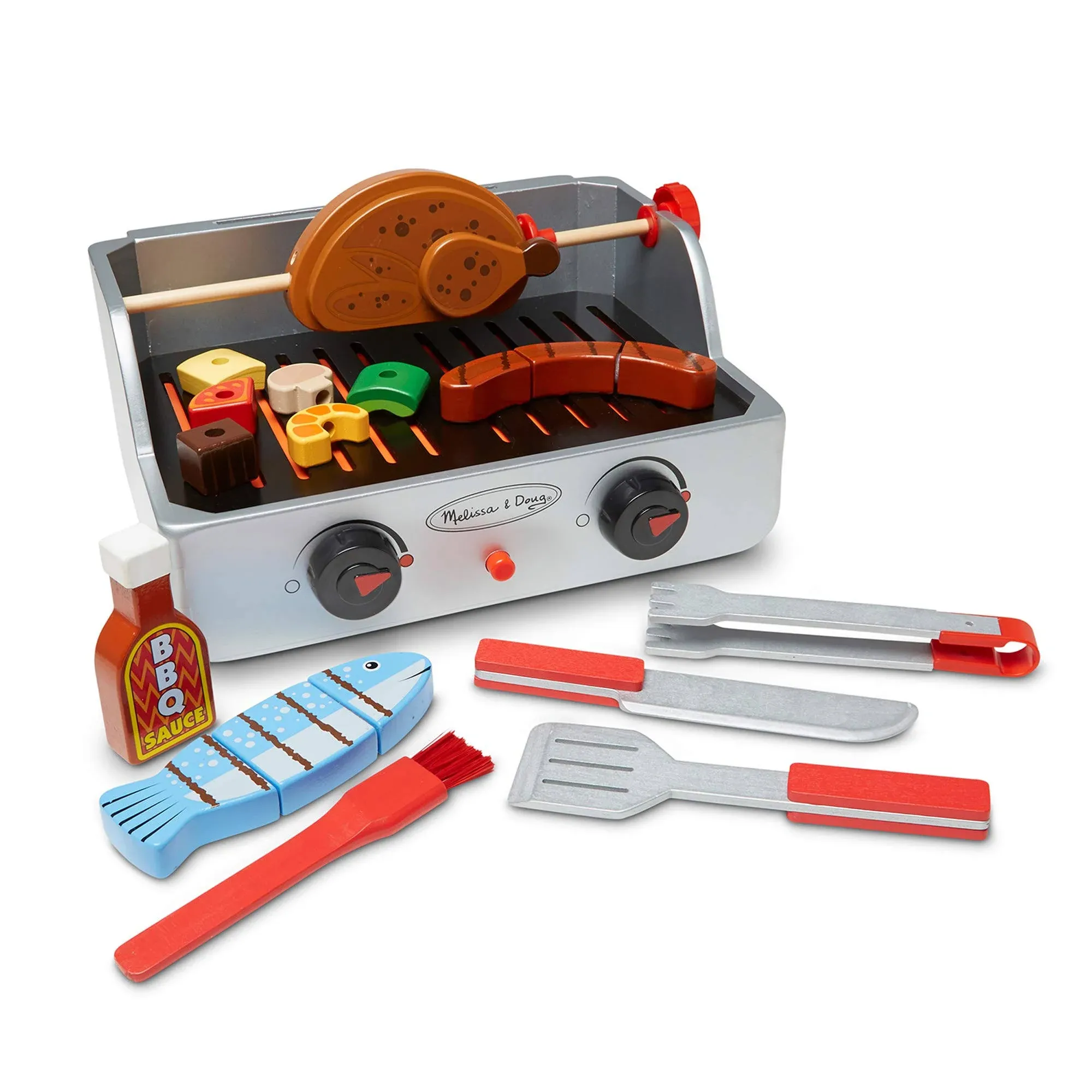 Melissa & Doug Rotisserie and Grill Wooden Barbecue Play Food Set (24 Pcs)