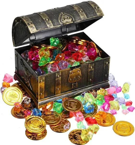 Enhon 147 Pieces Pirate Treasure Chest Toy Box with Lock and 1 Pirate Map 100 Colorful Gems 40 Pirate Coins 4 Earrings 2 Skeleton Necklaces for Halloween Pirate Themed Party Favors (Vintage Style)