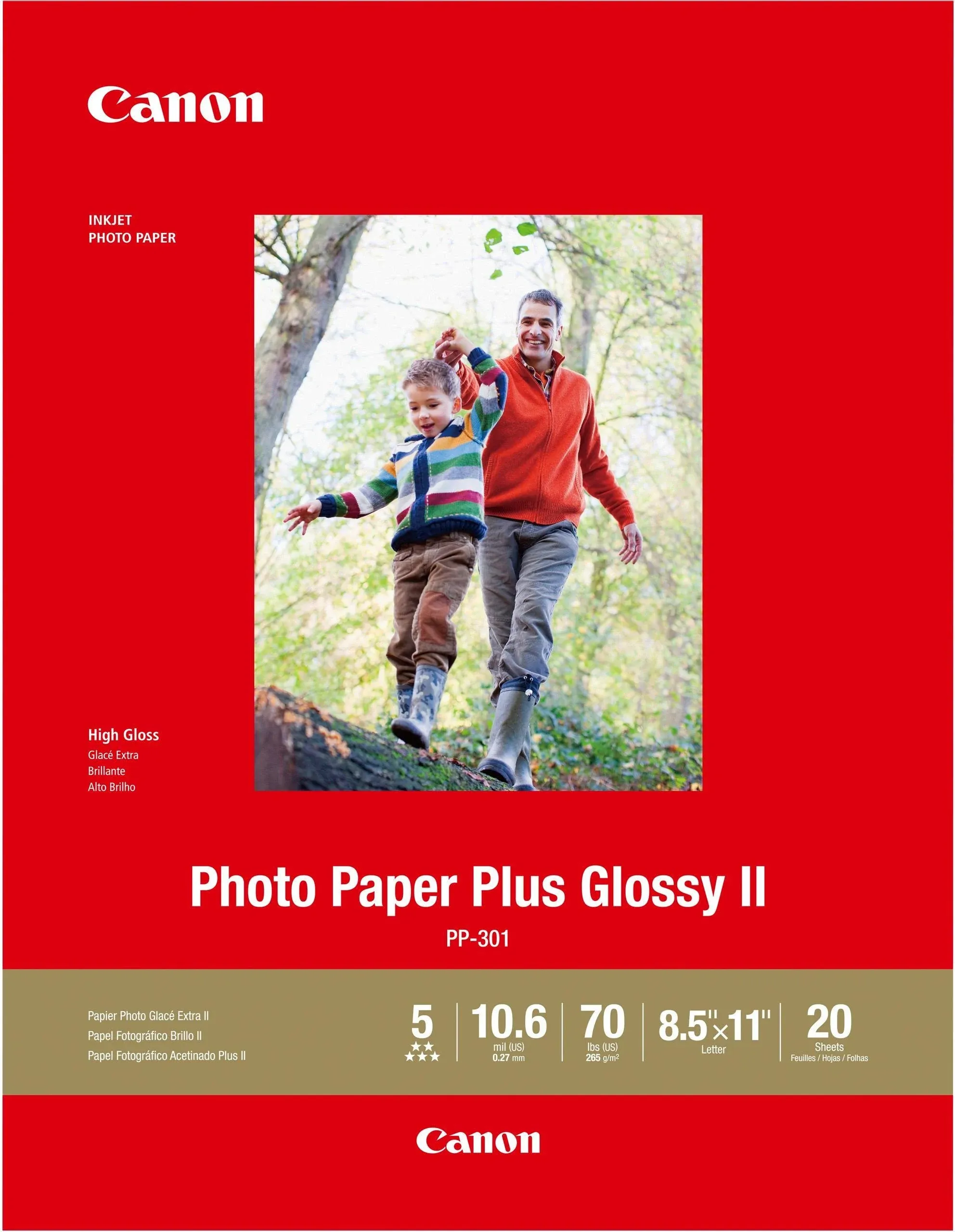 Canon  PP-301 Photo Paper Plus Glossy II Inkjet Paper, 10.6 mil, 265 gsm, 8.5x11", 20 Sheet Pack