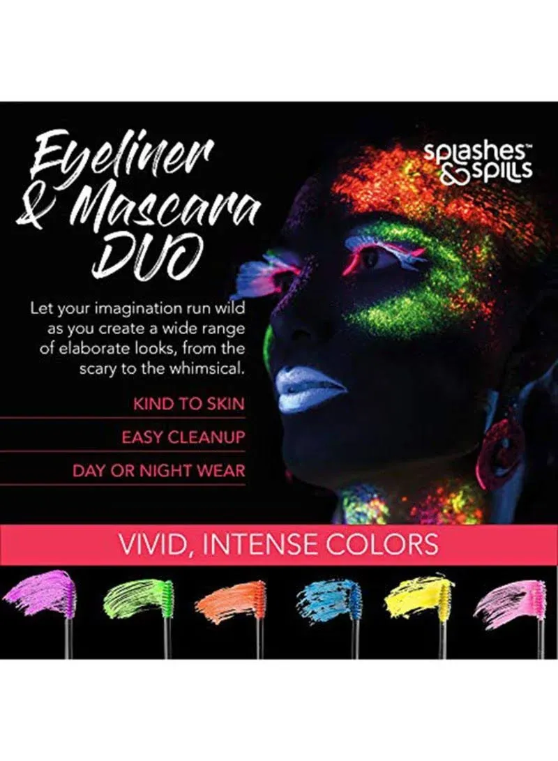 UV Blacklight Glow Eyeliner and Mascara Duo - 6 Color Variety Pack, 6ml Day or Night Stage, Clubbing or Costume Makeup by Splashes & Spills