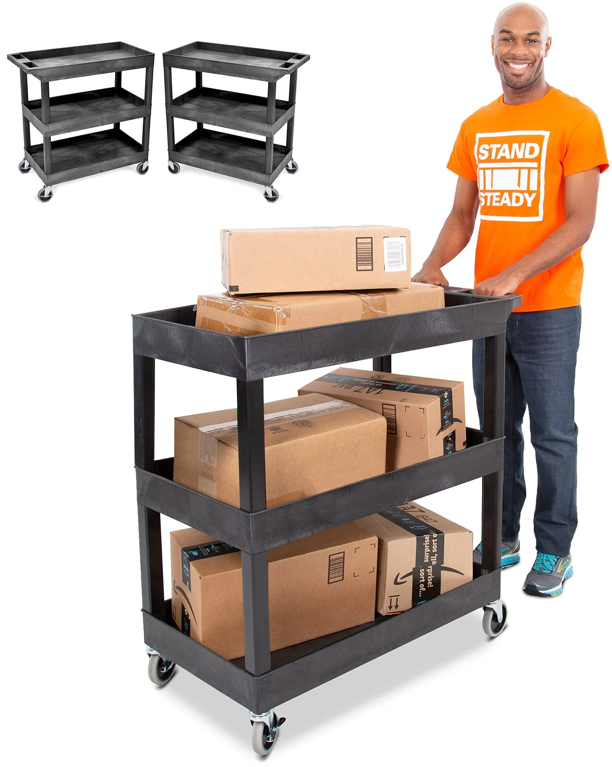 Stand Steady Tubstr 3 Shelf Utility Cart | Heavy Duty Service Cart Supports Up to 300 lbs | Tub Cart with Deep Shelves | Great for Warehouse, Garage, Cleaning, Office & More (32 x 18 / Black)