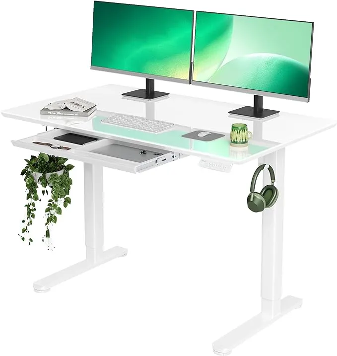 INNOVAR Glass Standing Desk with Drawers, 48×24 Inch Adjustable Stand Up Desk Quick Install Home Office Computer Desk, White