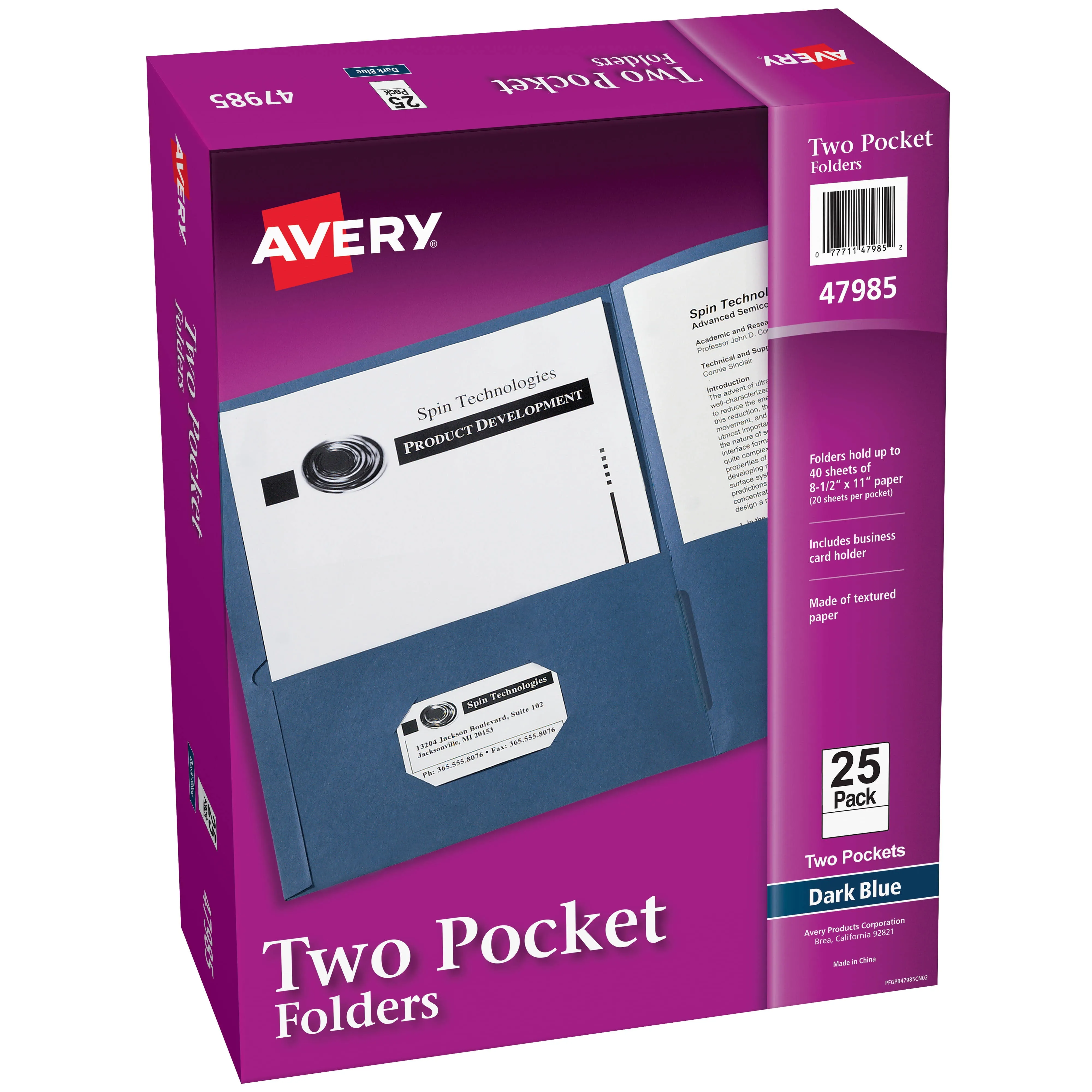 Avery Two-Pocket Folder, 40-Sheet Capacity, Dark Blue, 25/Box