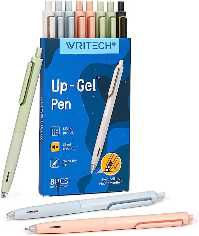 WRITECH Gel Pens Fine Point: 0.5mm No Smear & Smudge Black Ink Pen Click for Journaling Sketching Drawing Notetaking Retractable Extra Finepoint Smooth Writing Silent Pen Set Non Bleed 8ct Up-Gel