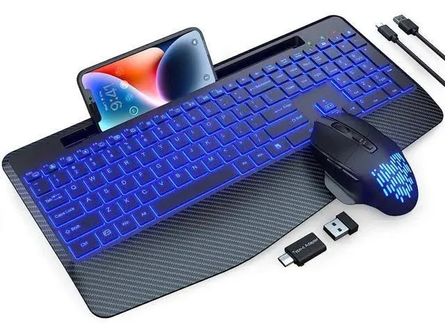 Wireless Keyboard and Mouse Backlits, Wrist Rest, Jiggler Mouse, Rechargeable Er