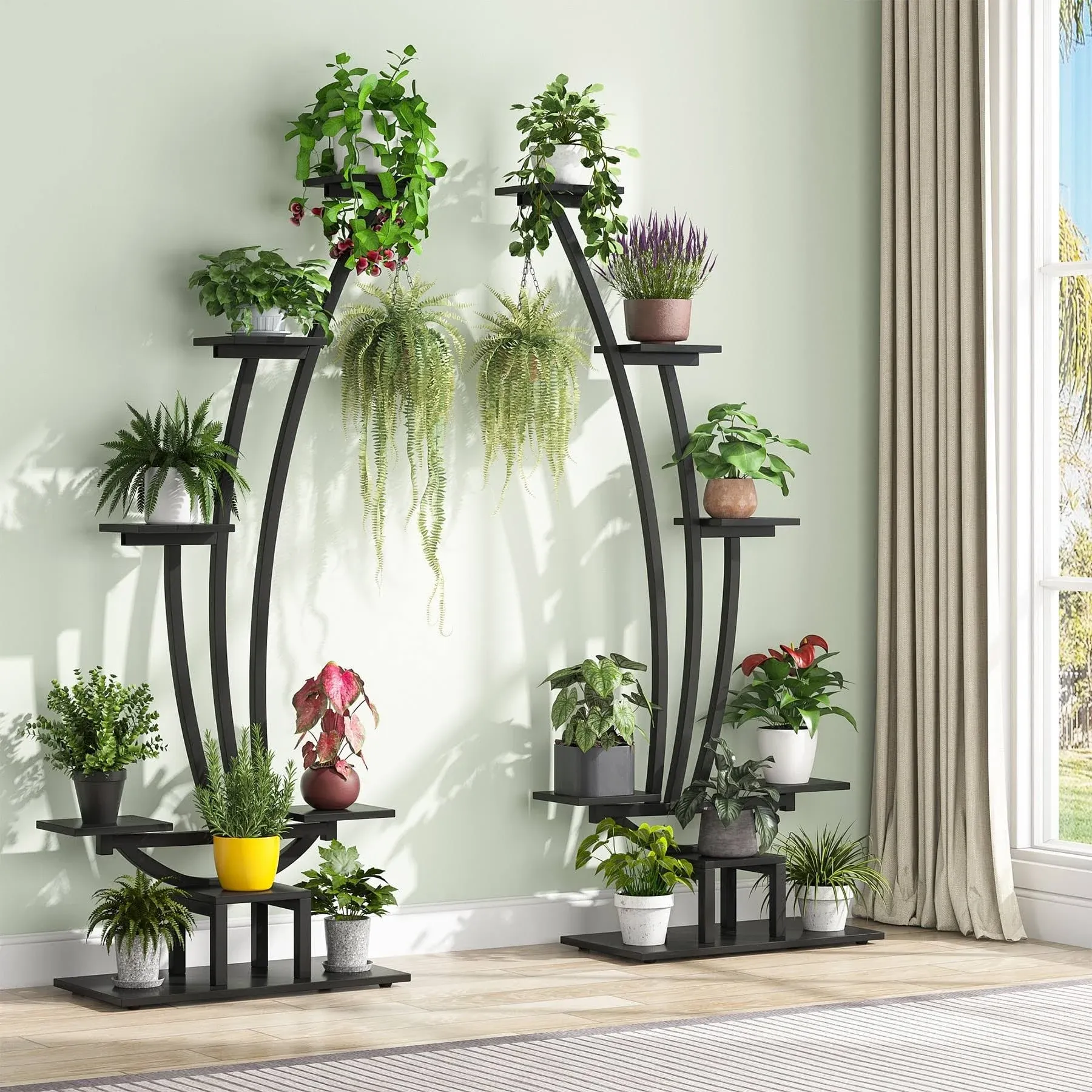 Soporte para plantas de interior, paquete de 2, estante para flores de 6 niveles para el jardín del hogar, color negro