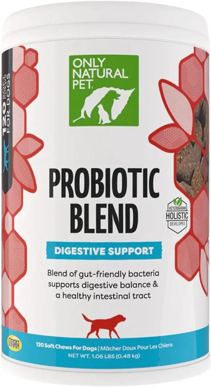 Only Natural Pet Probiotic Dog and Cat Supplement - Digestive & Gut Health Enzyme Formula, Puppy & Canine Digestive Chews, Best for Stomach Relief & Gas Aid - Soft Chews, 120 Count.