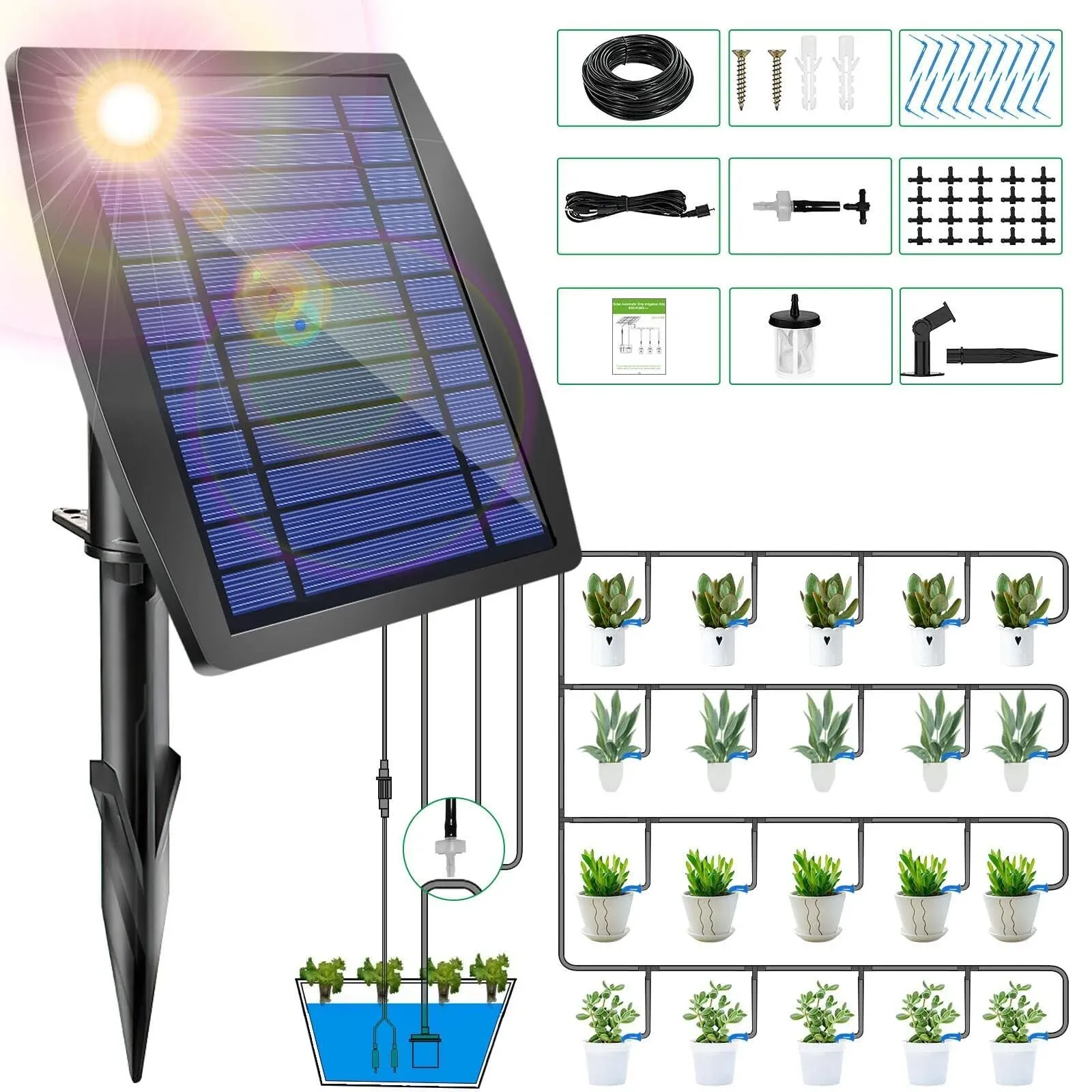 12 Timer Modes Solar Drip Irrigation System - Auto Drip Irrigation Kits with ...