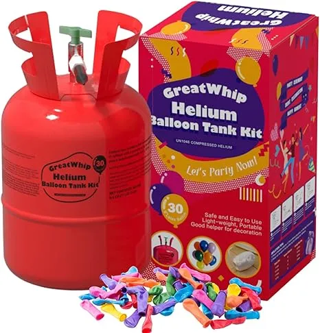 GreatWhip 7L Helium Tank for Balloons At Home Helium Balloon Pump Kit 30 Assorted Latex Balloons and Curling Ribbon Included