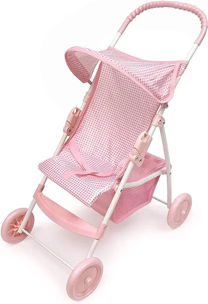 Badger Basket Folding Doll Umbrella Stroller for Dolls Up to 18 Inches - Lightweight, Compact Doll Stroller with Safety Belt, Pink and White Design