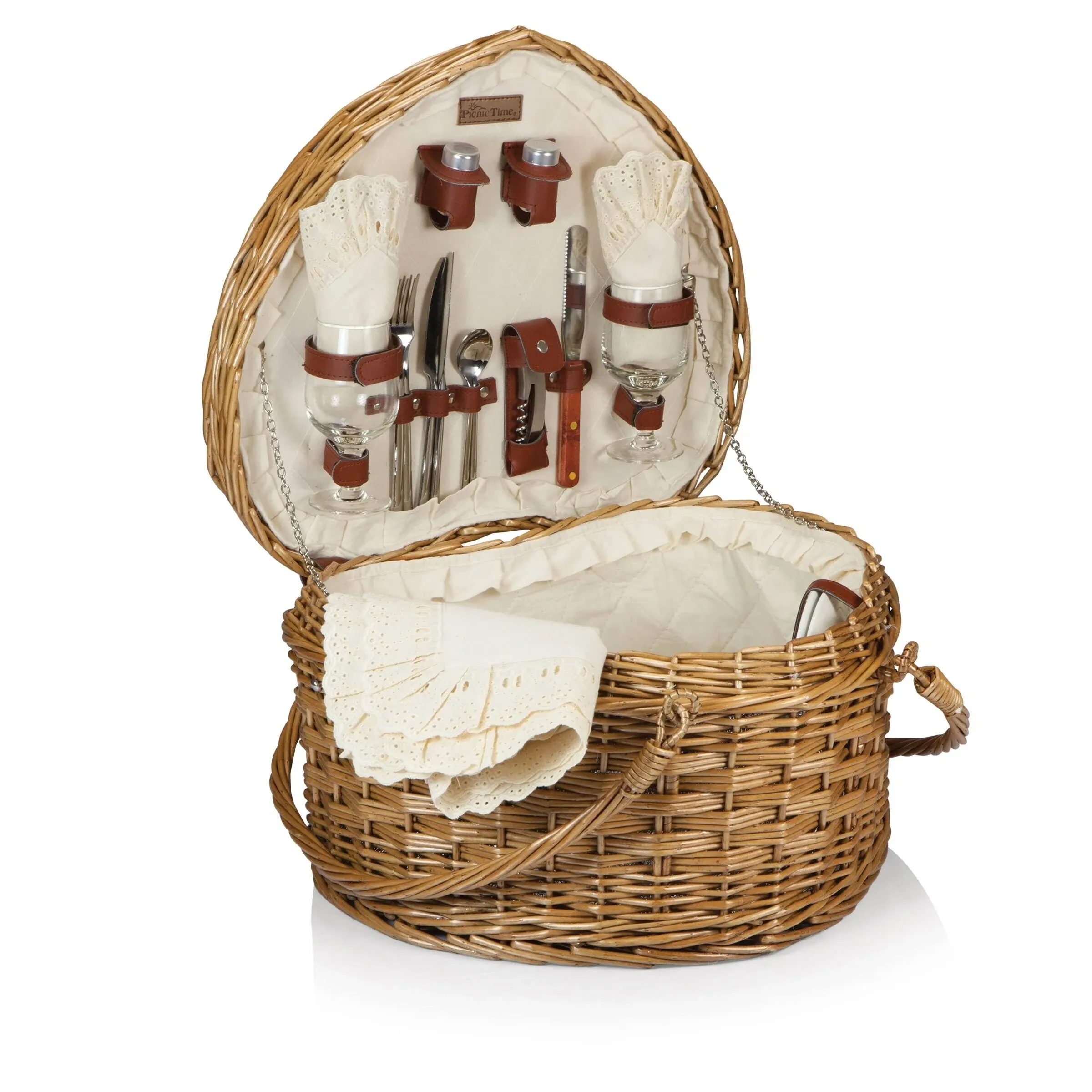 PICNIC TIME Heart Picnic Basket for 2, Wicker Picnic Basket, 2 Person Picnic Set, Couple Gifts, (Antique White)